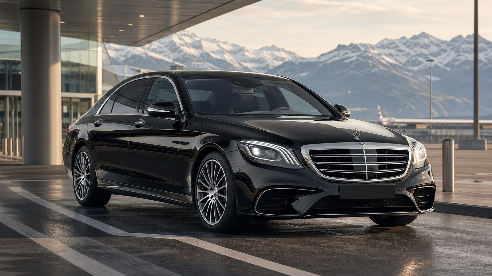 AlpineXpress black Mercedes chauffeur car for Swiss airport transfers